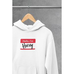 Hoodie - Hello im horny - Wurban Wear | Grappige hoodie | Leuk cadeau | Unisex hoodie | Meme | Meme kleding | Viespeuk | Grappige kleding | Grappige trui | Dubbelzinnige kleding | Wit