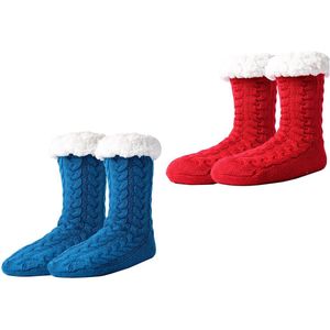 Huissokken - 2 Paar - Huissokken Dames En Heren - Anti Slip Sokken - Fleece Sokken - Slofsokken - Dikke Sokken - One Size - Dikke - Bedsokken - Fluffy Sokken - Verwarmde Sokken - Gevoerde Sokken - Winter Sokken - Cadeautip - Kerst - Rood / Blauw