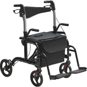 VirtuQuality - Rollator - Zwart - Lichtgewicht en Opvouwbaar - 2-in-1 Wandelrolstoel & Transportstoel
