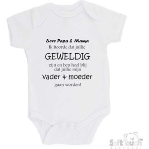 100% katoenen Romper ""Lieve papa & mama ik hoorde dat jullie geweldig zijn en ben heel blij dat jullie mijn vader & moeder gaan worden!"" Unisex Katoen Wit/zwart 62/68