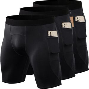 Hoogwaardige Heren Compressie Shorts - Ademend en Comfortabel - Met Zakken voor Telefoon - Ideaal voor Sport en Training - Set van 3 - Maat XL