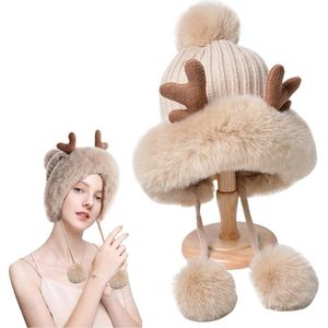 Gebreide mutsen voor dames - Warme gehaakte beanie muts met pompons - Beige 60 .