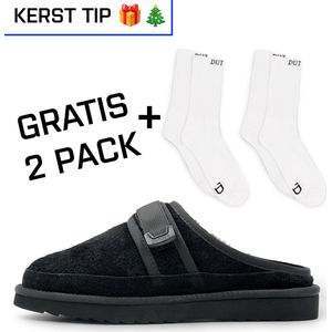 Dutch'D ® - Luxe pantoffel + Gratis sokken! - Designer- Ease Mule Suede zwart - Maat 45 - Echt wol! - Heerlijk warm