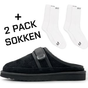 Dutch'D ® - Luxe pantoffel + Set sokken! - Sloffen - Designer- Ease Mule Suede zwart - Maat 37 - Echt wol! - Heerlijk warm - Ook voor buiten