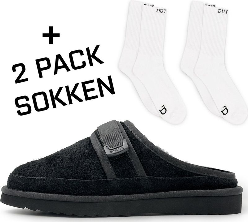 Dutch'D ® - Luxe pantoffel + Set sokken! - Sloffen - Designer- Ease Mule Suede zwart - Maat 37 - Echt wol! - Heerlijk warm - Ook voor buiten
