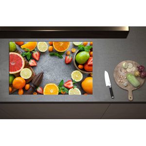 Inductieplaat Beschermer - Cirkel van Verschillende Fruitsoorten - 85x55 cm - 2 mm Dik - Inductie Beschermer - Bescherming Inductiekookplaat - Kookplaat Beschermer van Wit Vinyl