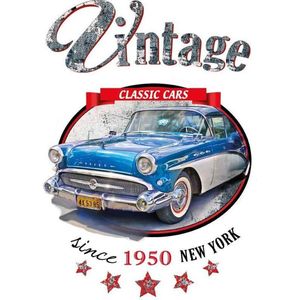 Auto Vintage Classic Cars Since 1950 New York Strijk Applicatie 19.7 cm / 28 cm / Blauw Rood