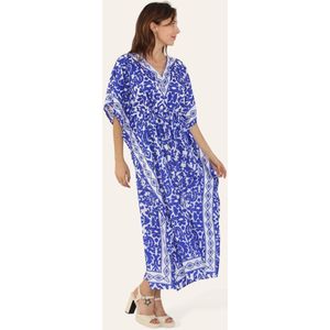 Lange dames kaftan jurk Adriana fantasiemotief konings blauw wit one size Maat L-XXL