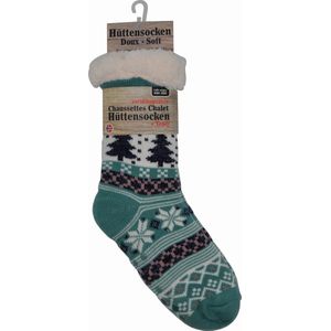 Kerstsokken - Happy dames huissokken - Extra Warm en zacht - Anti-Slip - Huttensocken Turquoise- one size