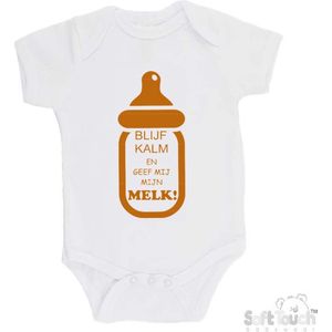 100% katoenen Romper "Blijf kalm en geef mij mijn MELK!" Unisex Katoen Wit/tan Maat 56/62