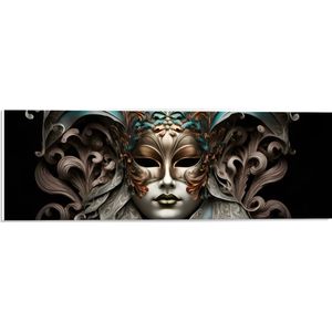 PVC Schuimplaat - Wit Venetiaanse carnavals Masker met Blauwe en Gouden Details tegen Zwarte Achtergrond - 60x20 cm Foto op PVC Schuimplaat (Met Ophangsysteem)
