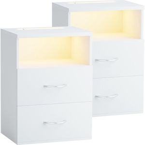 CASARIA Nachtkastje Set van 2 - LED Hout 2 Lades 40x28x55cm - Wit