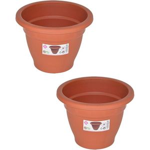 Set van 2x stuks terra cotta kleur ronde plantenpot/bloempot kunststof diameter 16 cm - Plantenbakken/bloembakken voor buiten