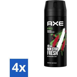 4 x Axe - Deodorant Bodyspray - 48hrs Non Stop Fresh - Africa - Mandarin & Sandalwood - 150 ml - AXE Deodorant - Deodorant Bodyspray - Geur - Mandarijn - Sandelhout