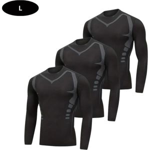 Nivard Sportshirt Heren - Sport - Fitness - Compressie Shirt - Corrigerend Hemd - Sportkleding - Mannen - 3 Stuks - Zwart - L