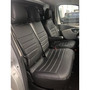 Pasvorm hoezen (3 zits) Renault Trafic / Fiat Talento / Nissan NV300/Primastar 2014-heden / Opel Vivaro (B) 2014-2019 (bijrijdersbank met split alleen in rugleuning) - Kunst leer zwart