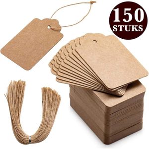150x Stuks Kraft Karton Labels met 20m Jute Touw - Hart Kartonnen Cadeaulabels met Gaatje en Koord - Bruine Etiketten - Kraftpapier Naamkaartjes - Blanco Prijskaartjes\Prijslabels met Koortje - 7x4cm