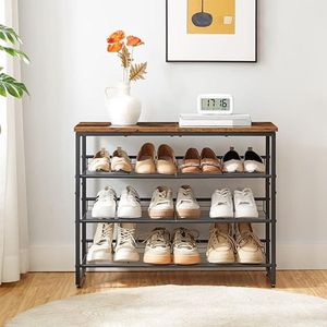 Famanu Schoenenrek, schoenenopberger met 4 niveaus, schoenopbergplanken voor 12-16 paar, verstelbare metalen plank, 75 x 29 x 59 cm, industrieel schoenenrek voor in de hal, bruin en zwart