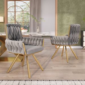 Gutent Fluwelen Eetkamerstoel, set van 2, Grijs, Fauteuil met vier metalen steunpoten, Draaibaar, Enkele luxe woonkamer en slaapkamer draaistoel, lounge draaistoel