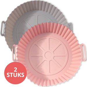 Wonbie® Siliconen Bakje Rond - Mandje - Accessoires geschikt voor Airfryer - Hetelucht Friteuse XL en XXL - Bakpapier - Set Grijs en Roze