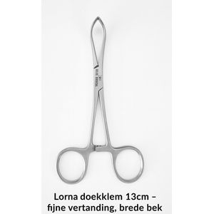 Belux Surgical Instruments / Lorna doekklem 13cm – fijne vertanding, brede bek
