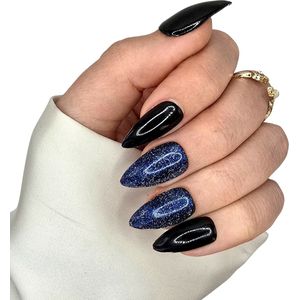 SD Press on Nails B-260 – 20 Stuks Zwart Blauw Glitter – Medium Stiletto Nepnagels – Gellak Nepnagels met Lijm - Kunstnagels
