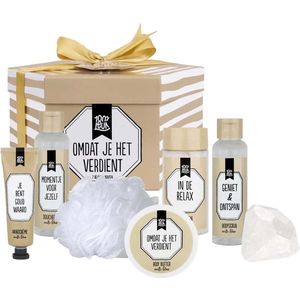 100%LEUK - Cadeaupakket 'Omdat je het verdient' - Geschenkset - Giftset met douchegel, handcrème, bodyscrub, badzout, body butter, en badbruistablet.