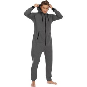 Heren Huispak - Onesie - Grijs met Zwart - Pyjama - Jumpsuit - Hoodie - Fleece