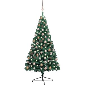 The Living Store Halfronde Kunstkerstboom - Groen - 95 cm Breedte - 48 cm Diepte - LED-verlichting - USB-aansluiting - 340 uiteinden - 150 LEDs - Inclusief standaard - lichtslinger - piek en kerstballen - The Living Store