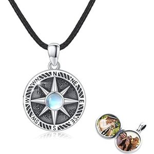 Sterling Zilveren Medaillon Halsketting met Kompas, Hart, Maansteen, Zon, Kolibrie, Wolvenkop en Keltische Knoop - Gepersonaliseerde Foto Hanger voor Mannen, Zonen, Jongens en Vrouwen