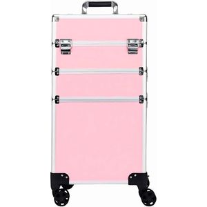 Make up Koffer | Beautycase / Beautykoffer / Trolley gemaakt van aluminium - Baby roze Kleur - van binnen Bekleed met zwart fluweel - 8 wielen - Kapper - Tattoo - Nagel - Visagie - Make-up - Cosmetica - Schmink - 4 Lagen