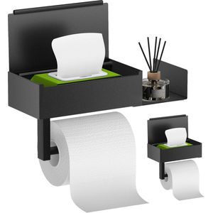 Toiletpapierhouder zonder boren met vak voor natte doekjes - Rvs Anti-vingerafdruk Toiletrolhouder met plankschap - Mat Zwart - Wandmontage voor Badkamer