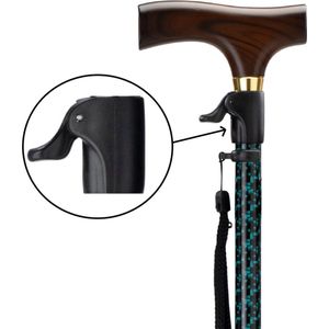 MultiMotion wandelstok met unieke drukknop verstelling - Met ergonomisch comfort handvat en polsbandje - Loopstok - Traploos verstelbaar tussen 65 - 102 cm - Zwart/ groene print