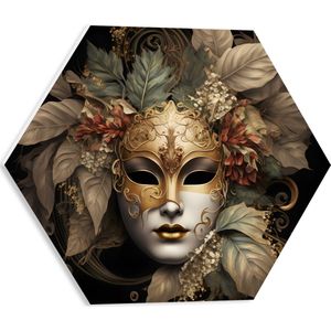 PVC Schuimplaat Hexagon - Venetiaanse carnavals Masker met Gouden en Beige Details tegen Zwarte Achtergrond - 40x34.8 cm Foto op Hexagon (Met Ophangsysteem)