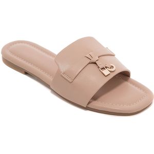 Taupe Dames Slippers – slippers voor alledaags- Elegante Instappers- slides – Comfortabele Platte Sandalen met Gouden Detail en Anti-slip Zool- maat 38- dames slippers- zomer slippers-