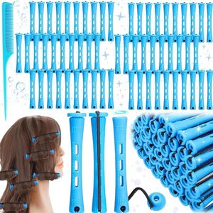 Jhubers Goods - Set van 60 Golvende Krulspelden met Pintailkam - Blauwe Plastic Haarrollers met Perm Kit voor Krullend Haar
