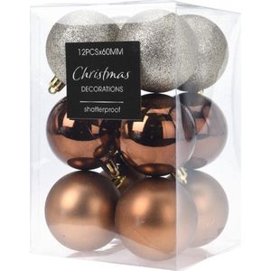 Christmas Decoration Kerstballen - 12x st - bruin/champagne - D6 cm - kunststof - kerstversiering