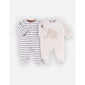 Noukie's - 2 Pack - Pyjama's - Velour - Beige olifant / ecru streep bruin - 9 maand 74