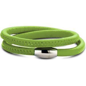 Silventi 980101200 Leren wikkelarmband - staal element - lengte 38 cm - zilverkleurig / groen