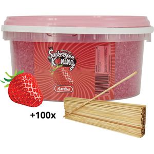 StockXXL - Accessoire voor suikerspinmachine - Suikerspinsuiker 2 KG - Aardbei -  In afsluitbaar emmertje - Incl. ±  100 suikerspin stokjes