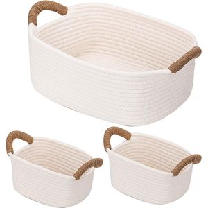 Set van 3 gevlochten gevlochten katoenen touw, opbergmand voor kast, slaapkamer, badkamer, woonkamer, commode decoratief met handvat