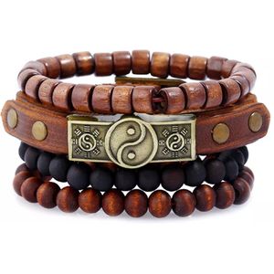 Yin Yang Armband set | mannen | hout en leer | feng shui | 20 cm | heren jongens | Sparkolia