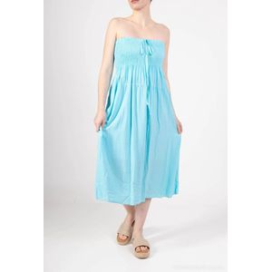 Bustier midi dames jurk Bonita-effen turquoise-strapless-maat M/L-strandjurk