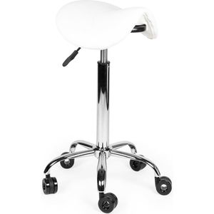 Kapperskruk Wit Hoog - Wielen waar geen haren tussen kan komen - Zithoogte 70/84cm - kruk op wielen - krukje - werkkruk - zadelkruk - bureaukruk - kapperskruk - verstelbaar - draaikruk - tabouret - zadelkruk met rugleuning - tot 160kg