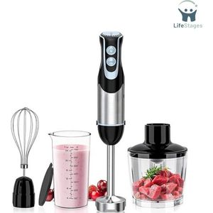 LifeStages - Hand Blender - 4-in-1 Staafmixer - Spatbestendig Ontwerp - 304 Roestvrijstalen Messen