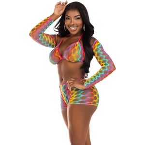 Rainbow top, shrug & shorts