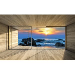 Window Beach Rocks Sea Sunset Sun Photo Wallcovering