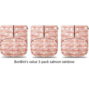 BonBini's luiers - wasbare luiers 3-pack Salmon rainbow 3-15 kg - luierbroekje - dubbele antilek preventie - drukknoopjes  en verstelbaar maat S, M, L wasbare luier maat 1 t/m 5