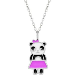 Zilveren ketting meisjes | Zilveren ketting met hanger, panda met roze rokje en strikje