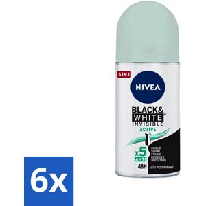 Nivea - Deodorant - Roller - Black & White Invisible - Active - 50 ml - Voordeelverpakking - 6 stuks